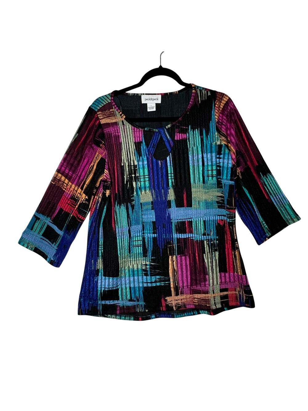 PECK & PECK Womens Large Multicolor Abstract Keyhole 3/4 Sleeve Stretch Top